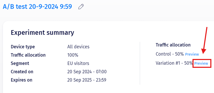 Experiment summary panel showing Traffic allocation with a Preview link next to each variation