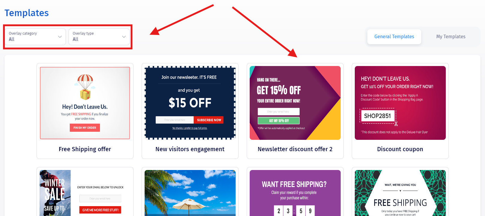 The template selection screen with category and type filters