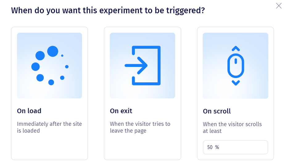 The trigger selection screen showing On Load, On Exit, and On Scroll
