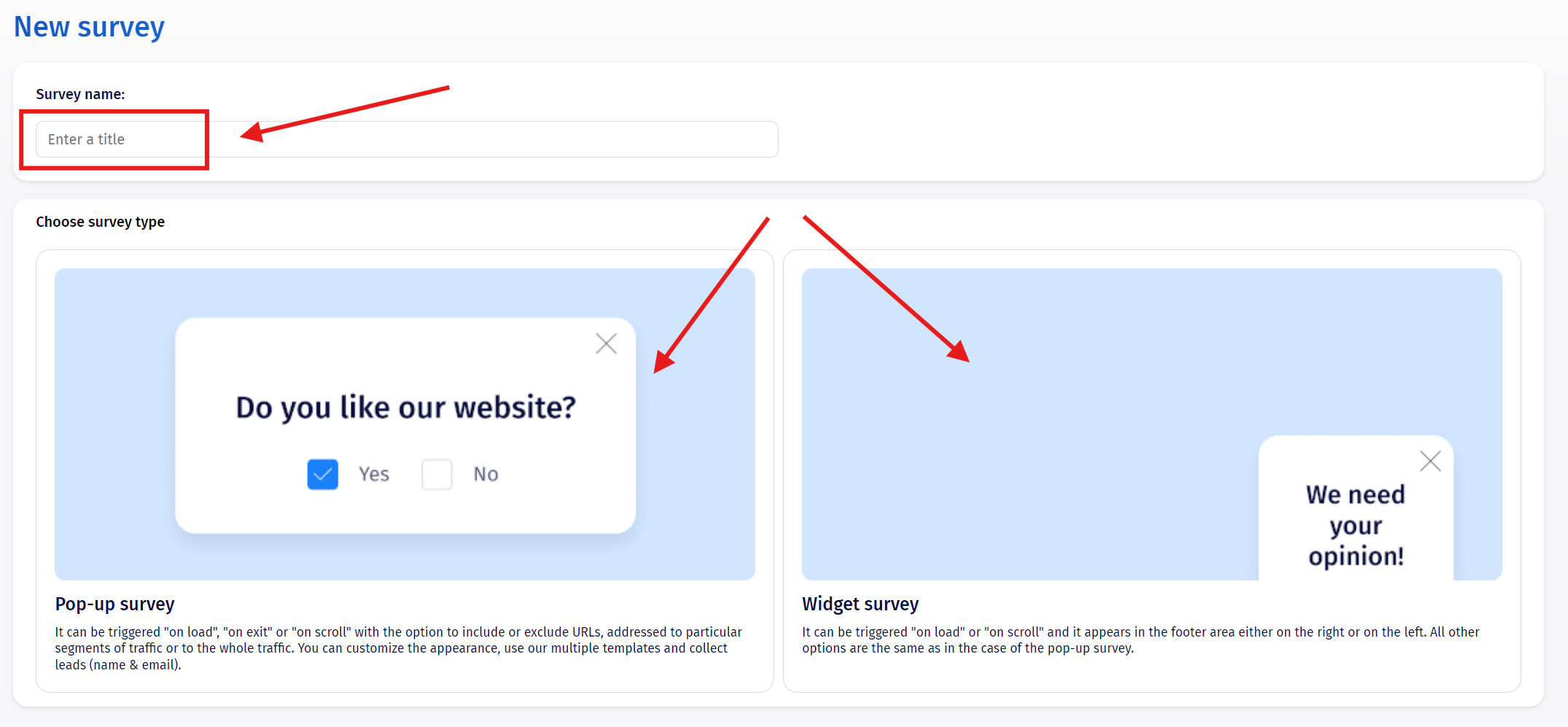 Naming the survey and choosing between Pop-up or Widget