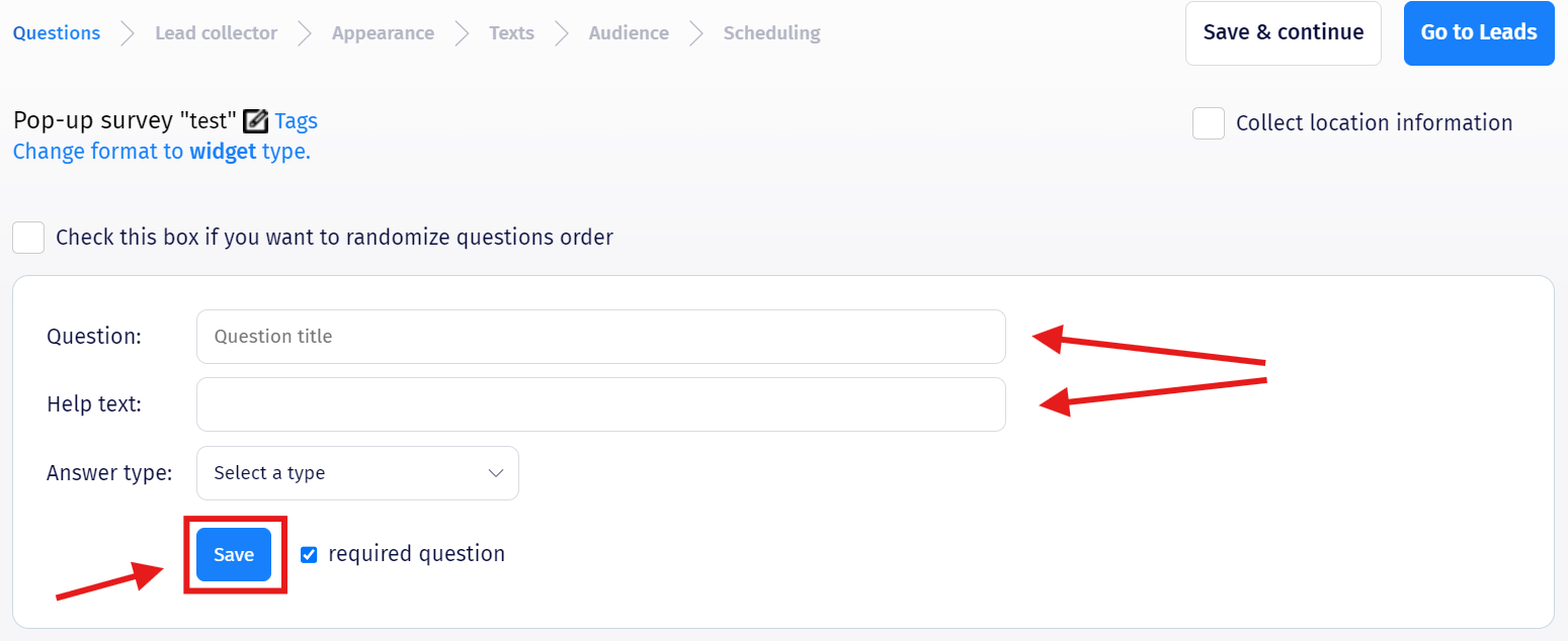 The question editor with the Question title field and Answer type dropdown
