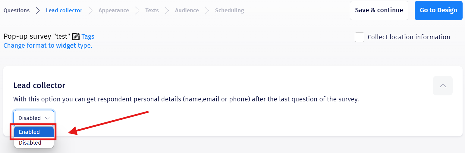 The Lead Collector tab with the enable/disable toggle