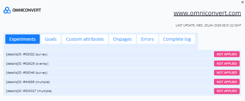 The Experiments tab of the Debugger, listing the experiments on the page
