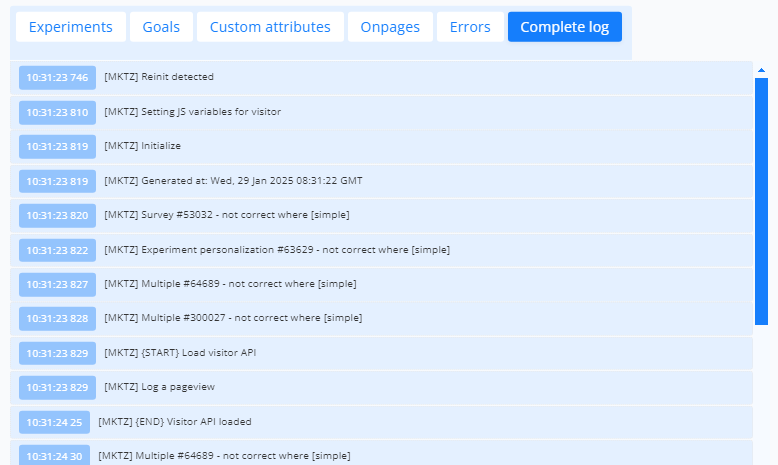 The Complete log tab of the Debugger