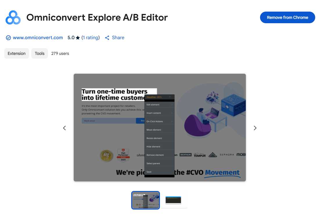 The Omniconvert Explore A/B Editor extension page in the Chrome Web Store