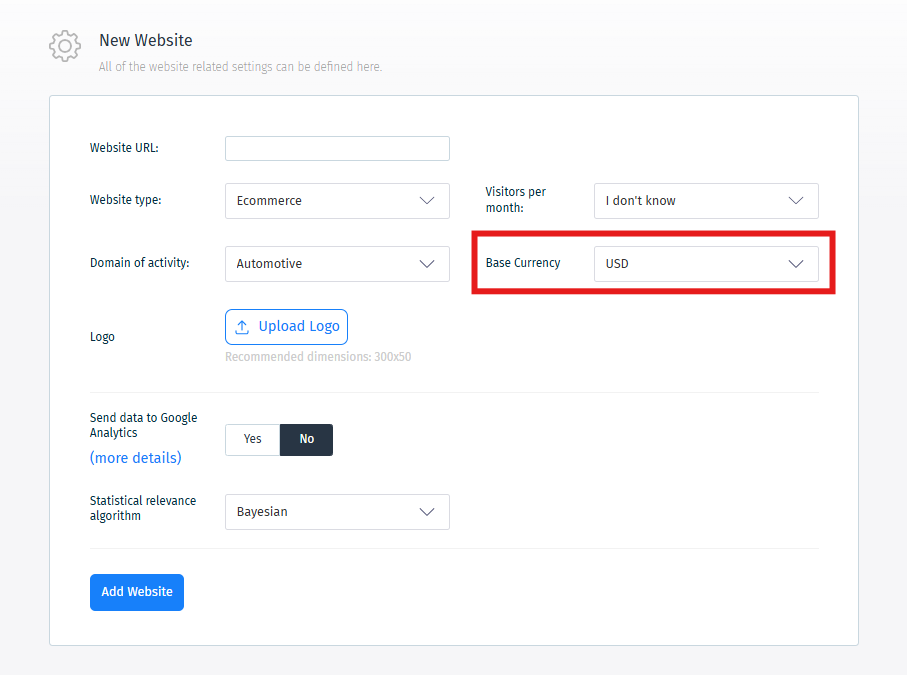 The New Website form with the Base Currency field highlighted.