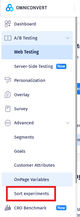 Advanced menu with Sort Experiments option