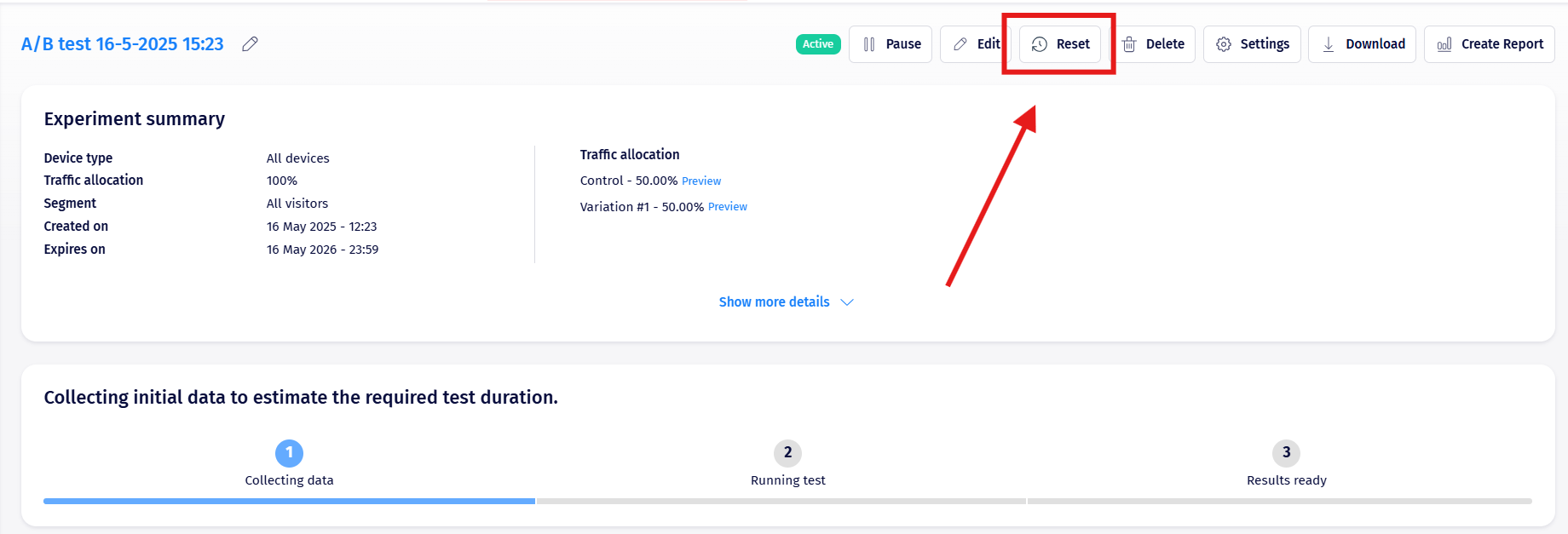 The Reporting page toolbar: Active status badge, Pause, Edit, Reset, Delete, Settings, Download, Create Report