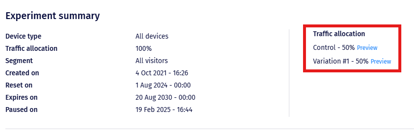 Traffic allocation with Control and Variation percentages and Preview links