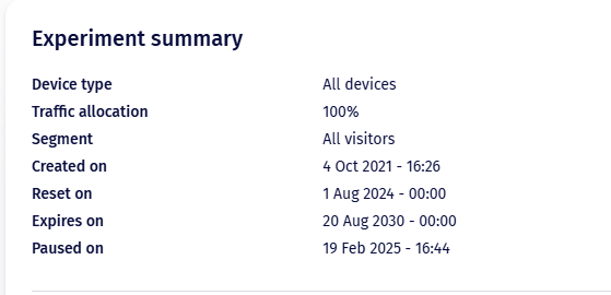 Experiment Summary panel: Device Type, Traffic allocation, Segment, and date fields