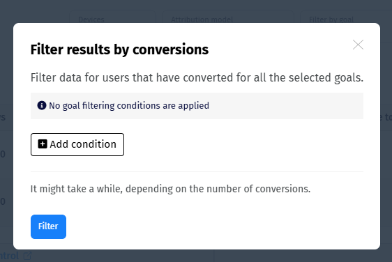 The Filter by goal panel with condition options