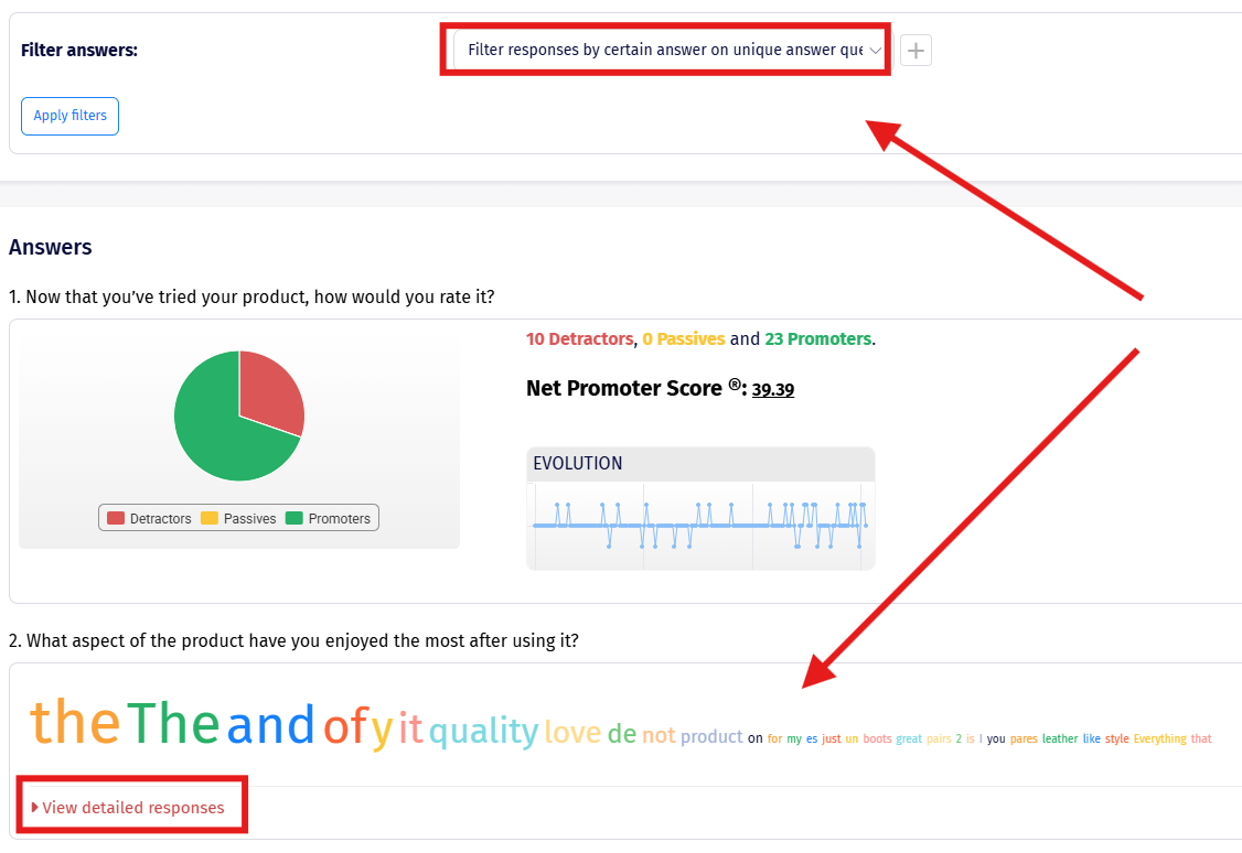 Filter answers section with condition dropdown and Apply filters button