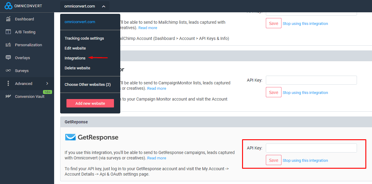 omniconvert integrations paste key
