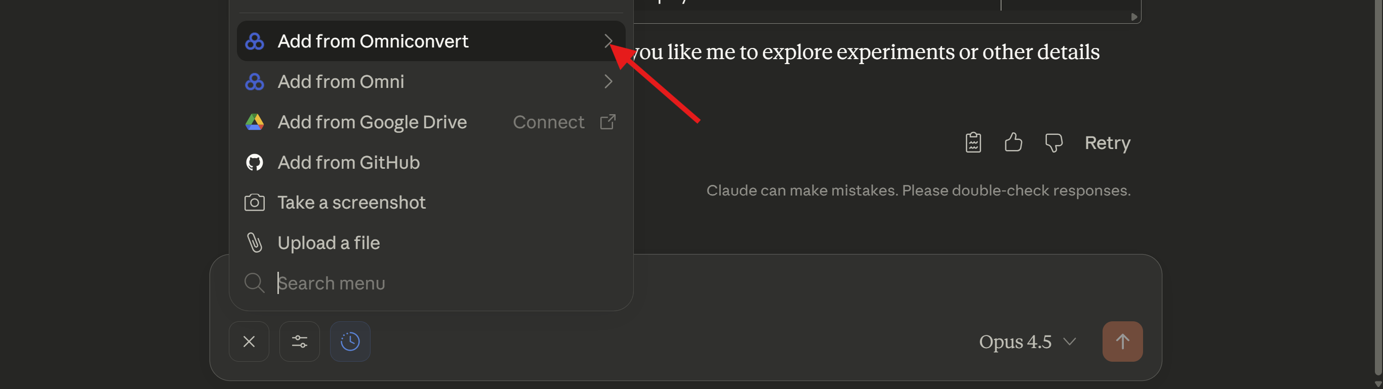 Claude's attachment menu with the Add from Omniconvert option highlighted.