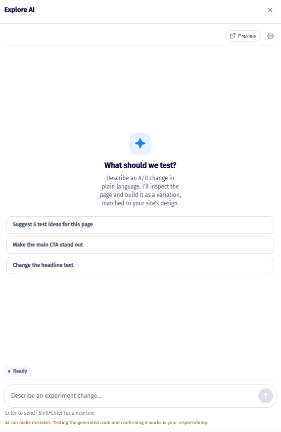 The Explore AI panel, ready for a prompt, with three example suggestions: suggest 5 test ideas for this page, make the main CTA stand out, and change the headline text.