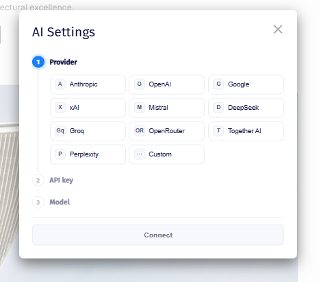 The AI Settings dialog's provider step, listing Anthropic, OpenAI, Google, xAI, Mistral, DeepSeek, Groq, OpenRouter, Together AI, Perplexity, and Custom.