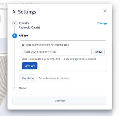 The AI Settings dialog's API key step, with a field to paste the provider API key and a Save key button.
