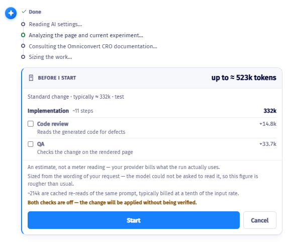 The token estimate screen, showing an estimate of up to about 523,000 tokens, a breakdown of implementation steps, and the optional Code review and QA checks, both unticked, with Start and Cancel buttons.