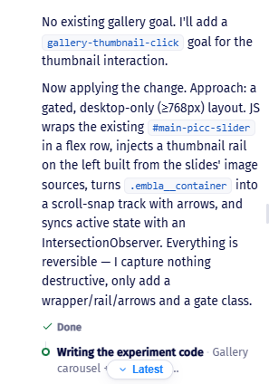 Prompt to Code's progress messages, noting that there is no existing gallery goal and adding a gallery-thumbnail-click goal for the thumbnail interaction.