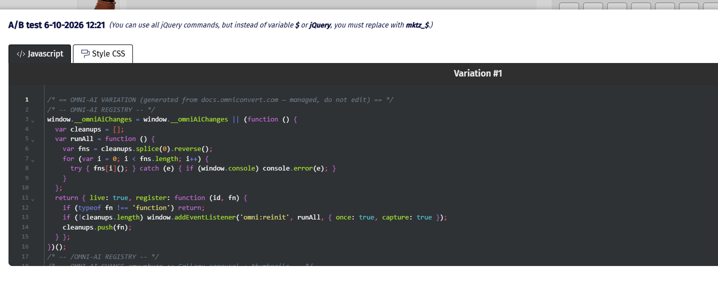 The Code section of the experiment, showing the generated JavaScript for Variation #1, with a Javascript tab and a Style CSS tab.